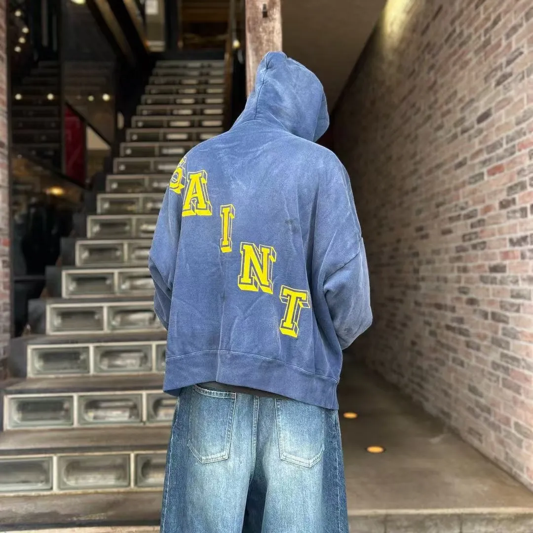 SAINT M×××××× ANGEL HOODIE/NAVY Angel Reborn Blue Hoodie Washed Blue S-XL Assute Garment Dyeing Full Clothes Water Fading Mud Dyeing Dirty Distress New Vintage Ceiling God Tailoring Original Super Loose Fit Customized Original Accessories God-level Print Restoration